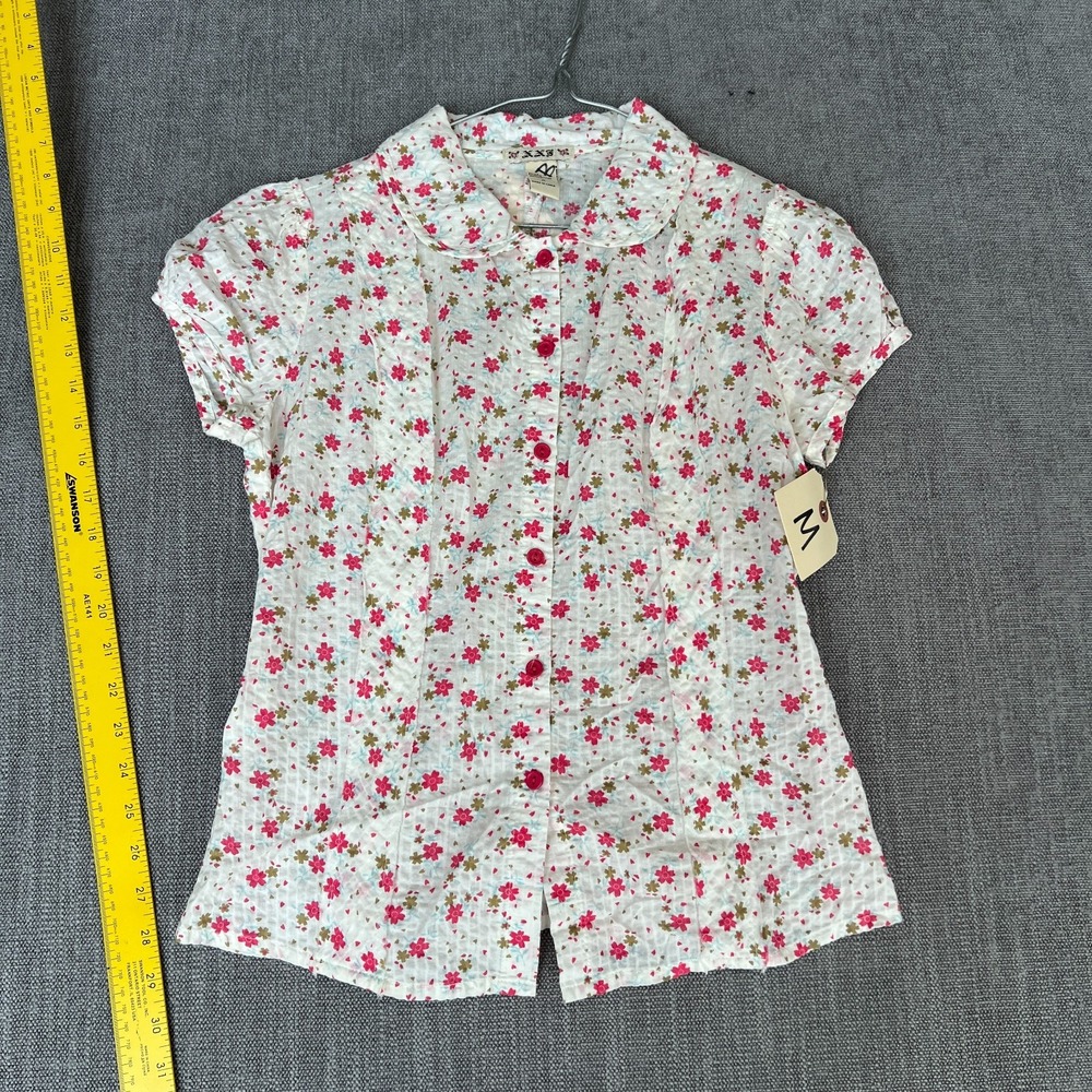 XXS Blouse Top Womens M White Floral Peter Pan Collar Short Sleeve Cottagecore